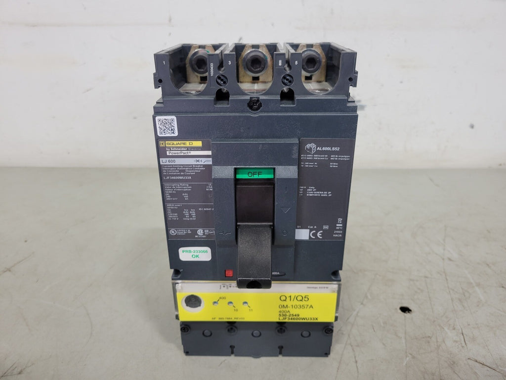 SQUARE D 600A, 3 Pole, 600V Circuit Breaker LJF34600WU33X w/ 400A Trip Unit