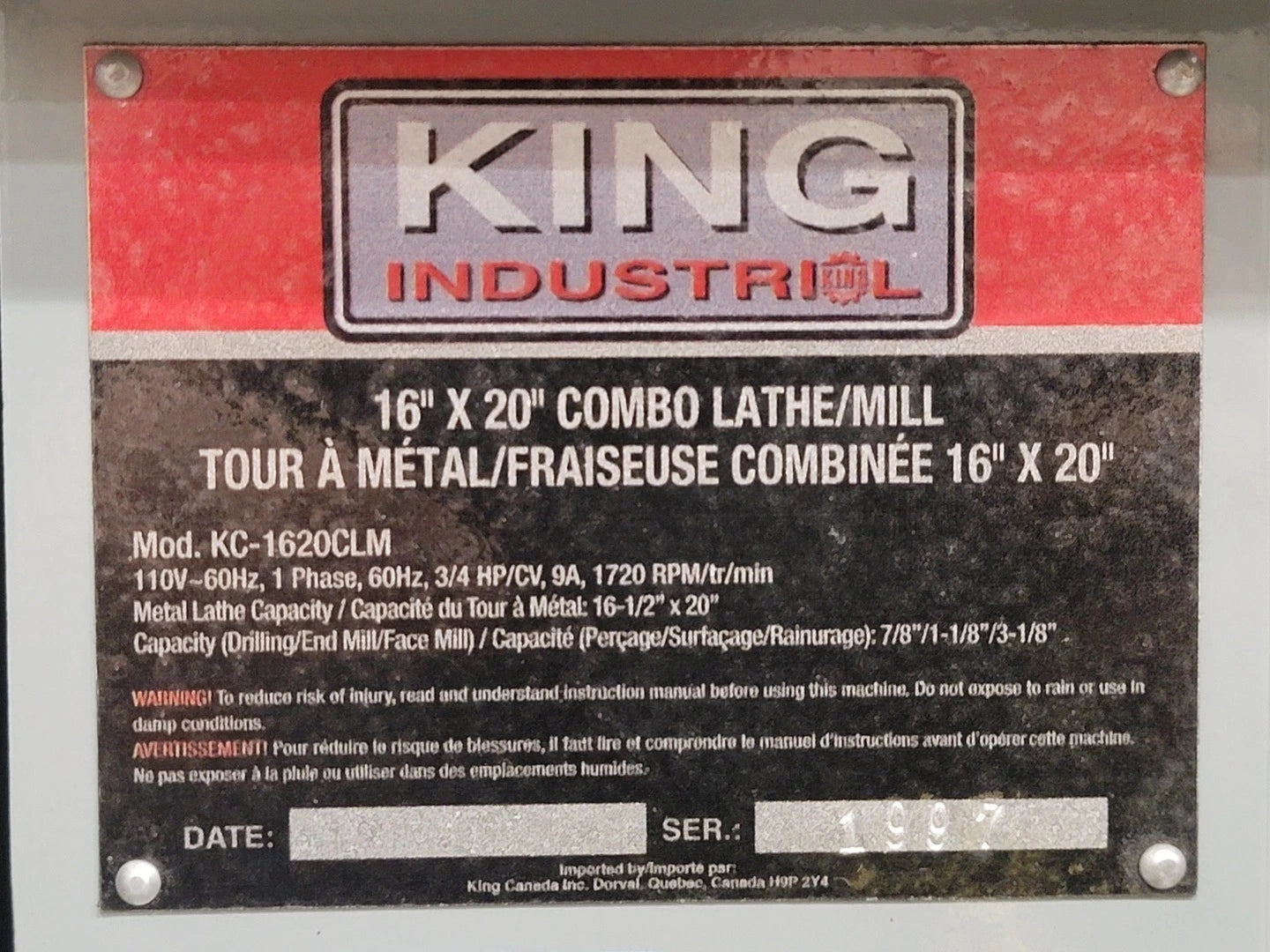 Tour à métal / fraiseuse combiné de 16 x 20 KING Canada - Power Tools,  Woodworking and Metalworking Machines by King Canada