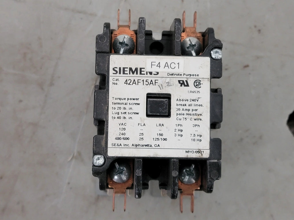 SIEMENS 25 Amp, 2 Pole, 110/120 VAC Contactor 42AF15AF